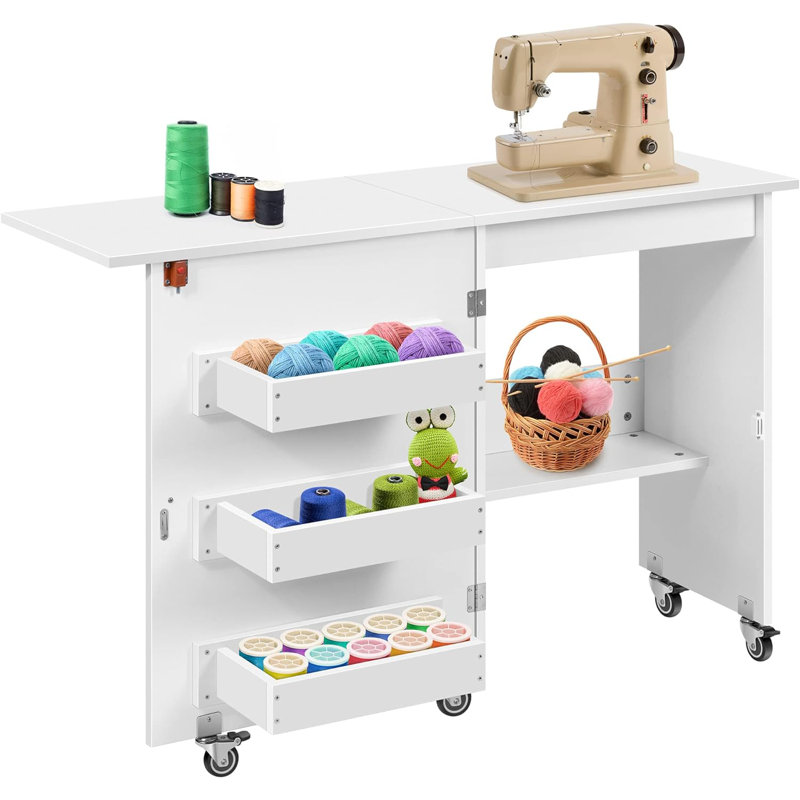 46 x 16 Foldable Sewing Table with Sewing Machine Platform and Wheels White